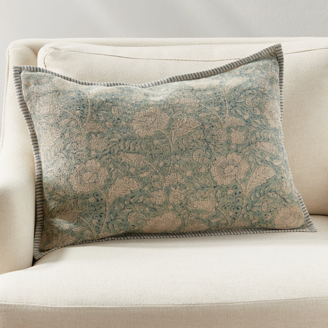 Coastal Blue Floral Block Print Lumbar Pillow – 14x20 Linen