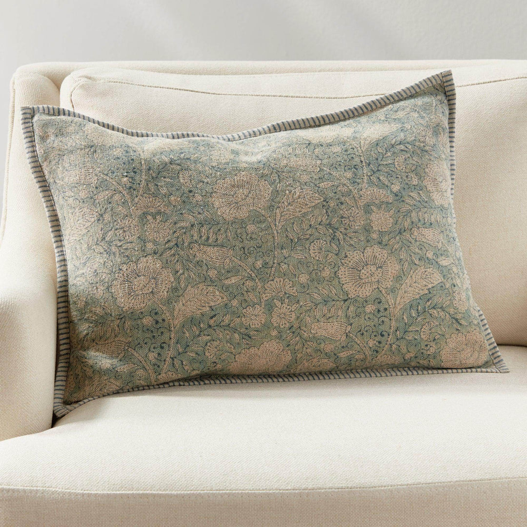 Coastal Blue Floral Block Print Lumbar Pillow - 14x20 Linen