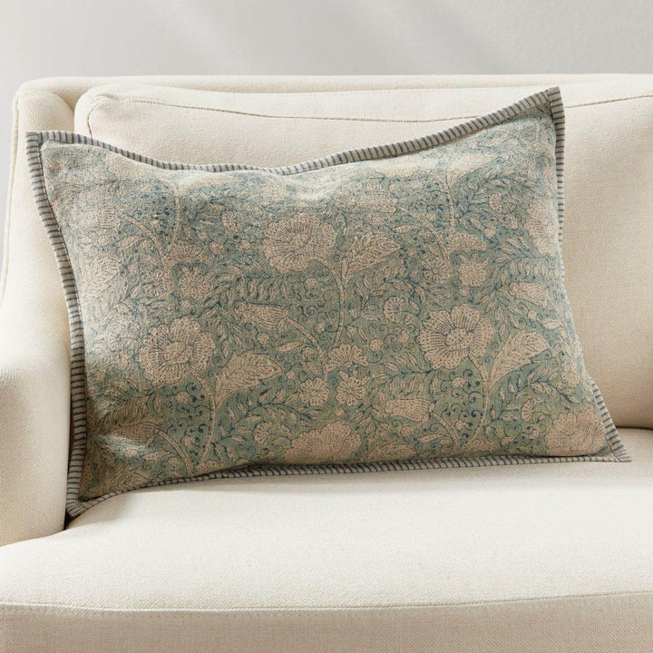Coastal Blue Floral Block Print Lumbar Pillow - 14x20 Linen