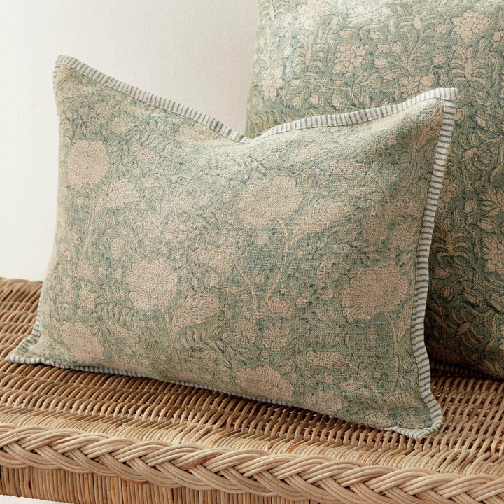 Coastal Blue Floral Block Print Lumbar Pillow - 14x20 Linen