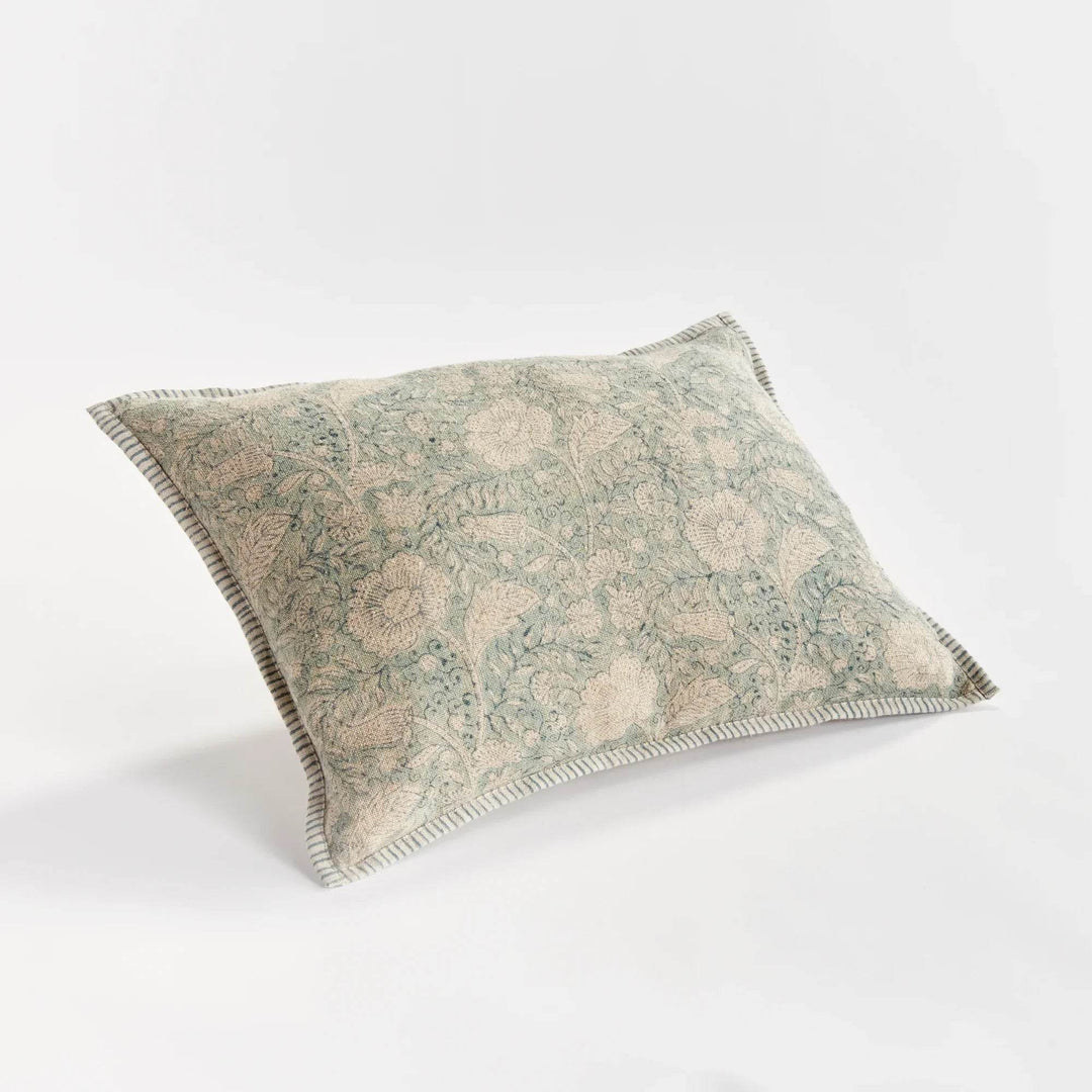 Coastal Blue Floral Block Print Lumbar Pillow - 14x20 Linen