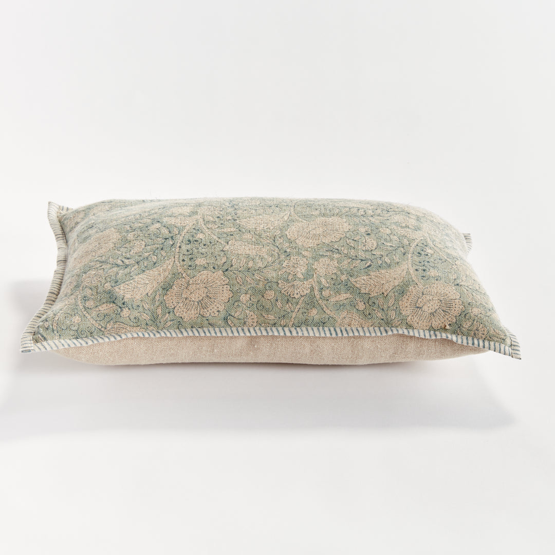 Coastal Blue Floral Block Print Lumbar Pillow – 14x20 Linen