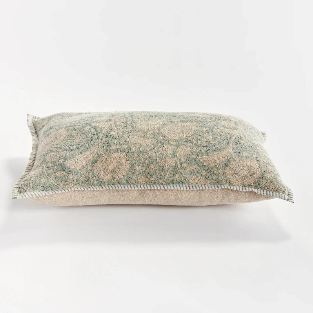 Coastal Blue Floral Block Print Lumbar Pillow - 14x20 Linen