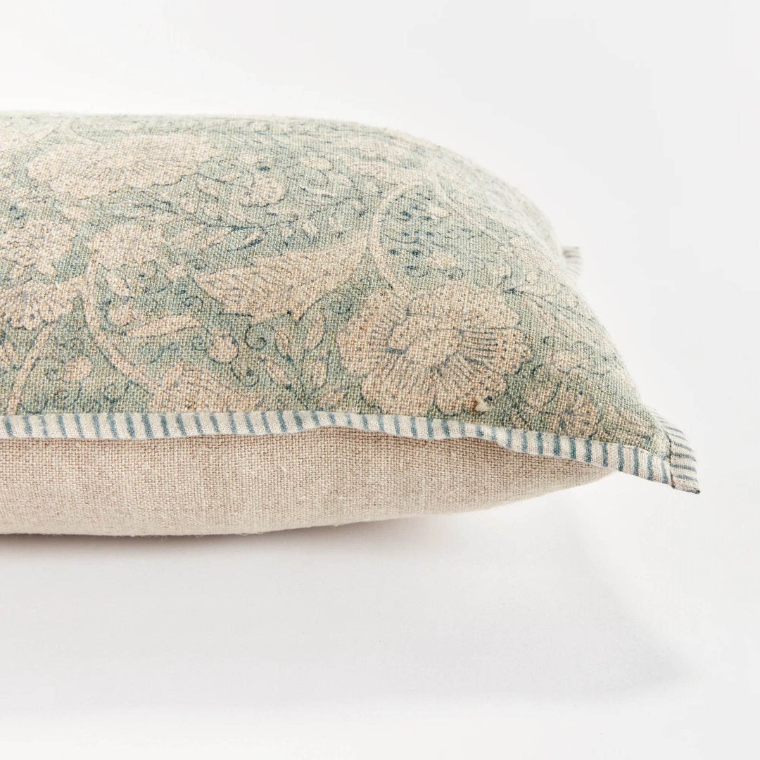 Coastal Blue Floral Block Print Lumbar Pillow - 14x20 Linen