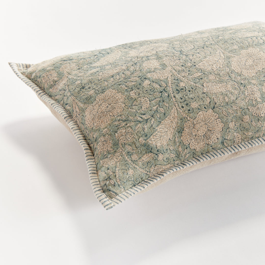 Coastal Blue Floral Block Print Lumbar Pillow – 14x20 Linen