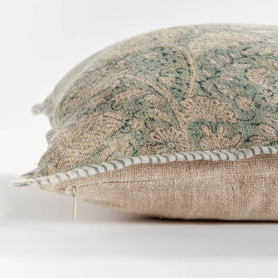 Coastal Blue Floral Block Print Lumbar Pillow - 14x20 Linen