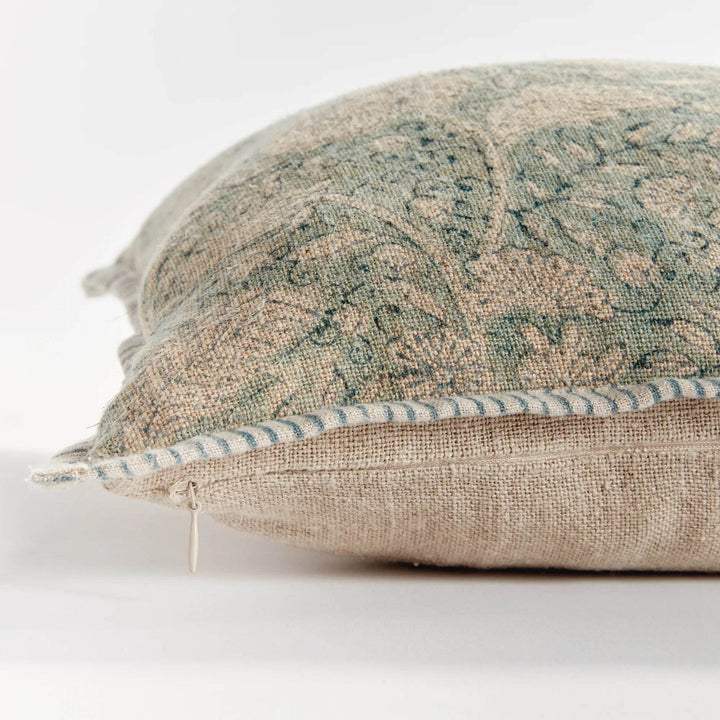 Coastal Blue Floral Block Print Lumbar Pillow - 14x20 Linen