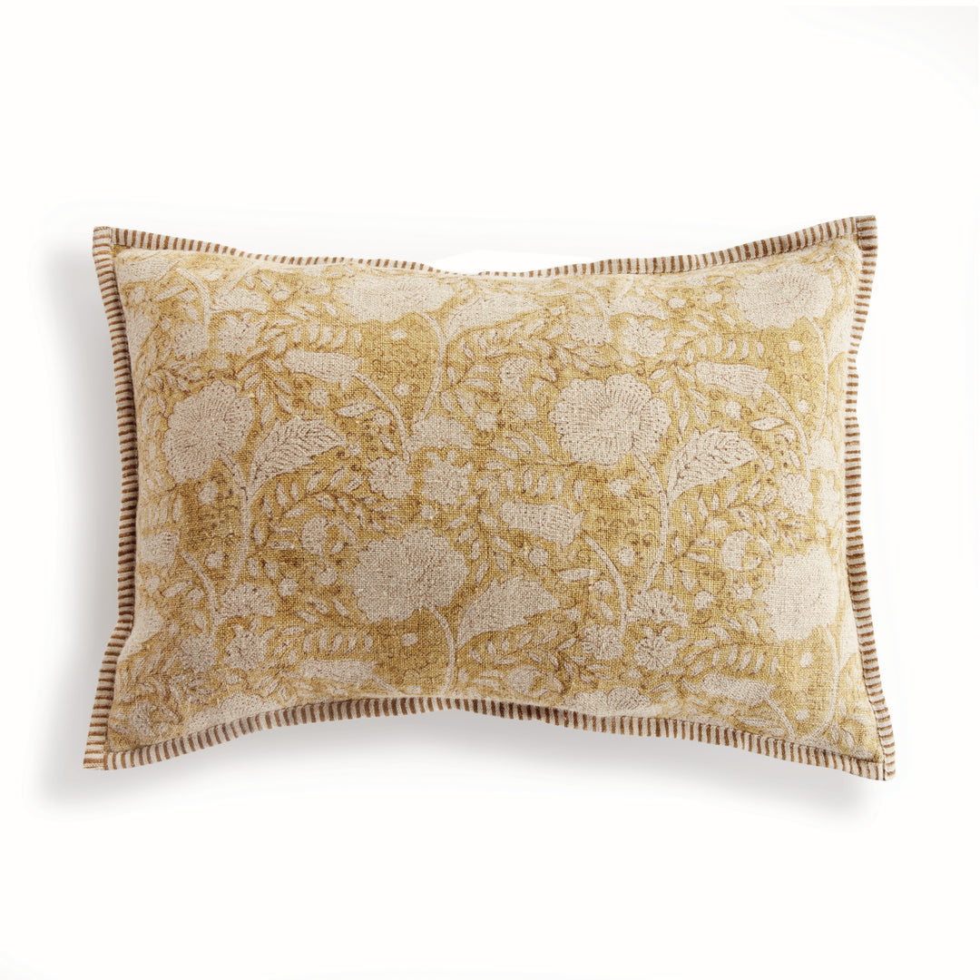 Ochre Floral Block Print Linen Lumbar Pillow – 14x20