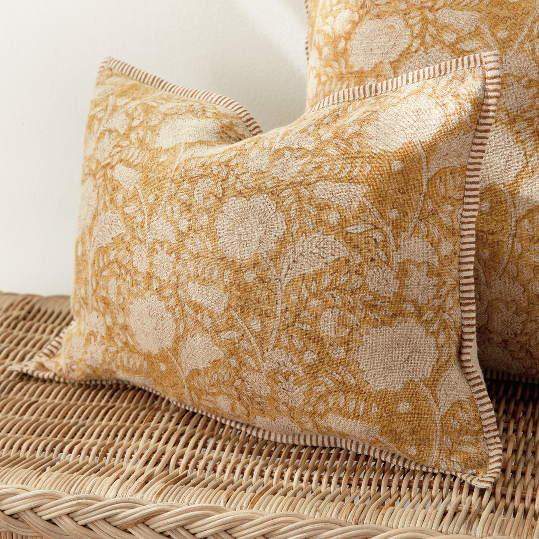 Ochre Floral Block Print Linen Lumbar Pillow – 14x20
