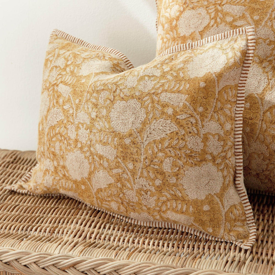 Ochre Floral Block Print Linen Lumbar Pillow - 14x20