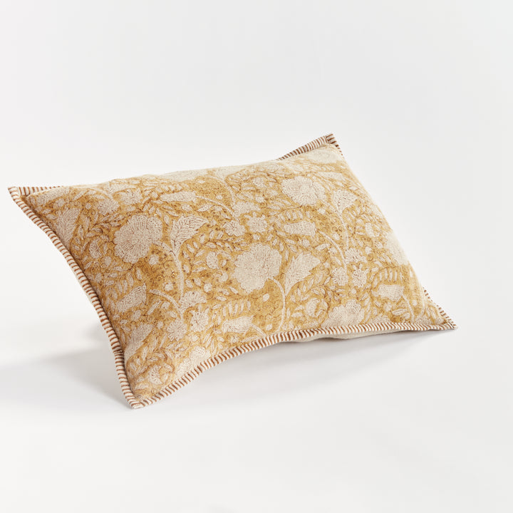 Ochre Floral Block Print Linen Lumbar Pillow – 14x20