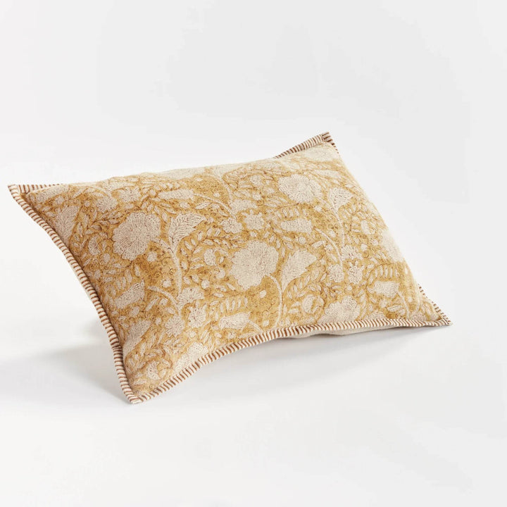 Ochre Floral Block Print Linen Lumbar Pillow - 14x20