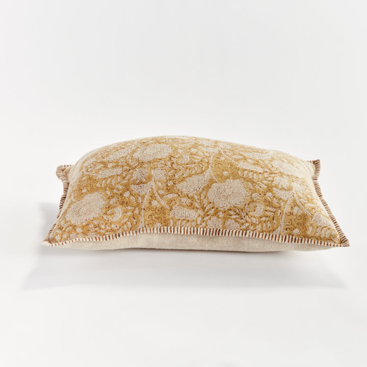 Ochre Floral Block Print Linen Lumbar Pillow – 14x20