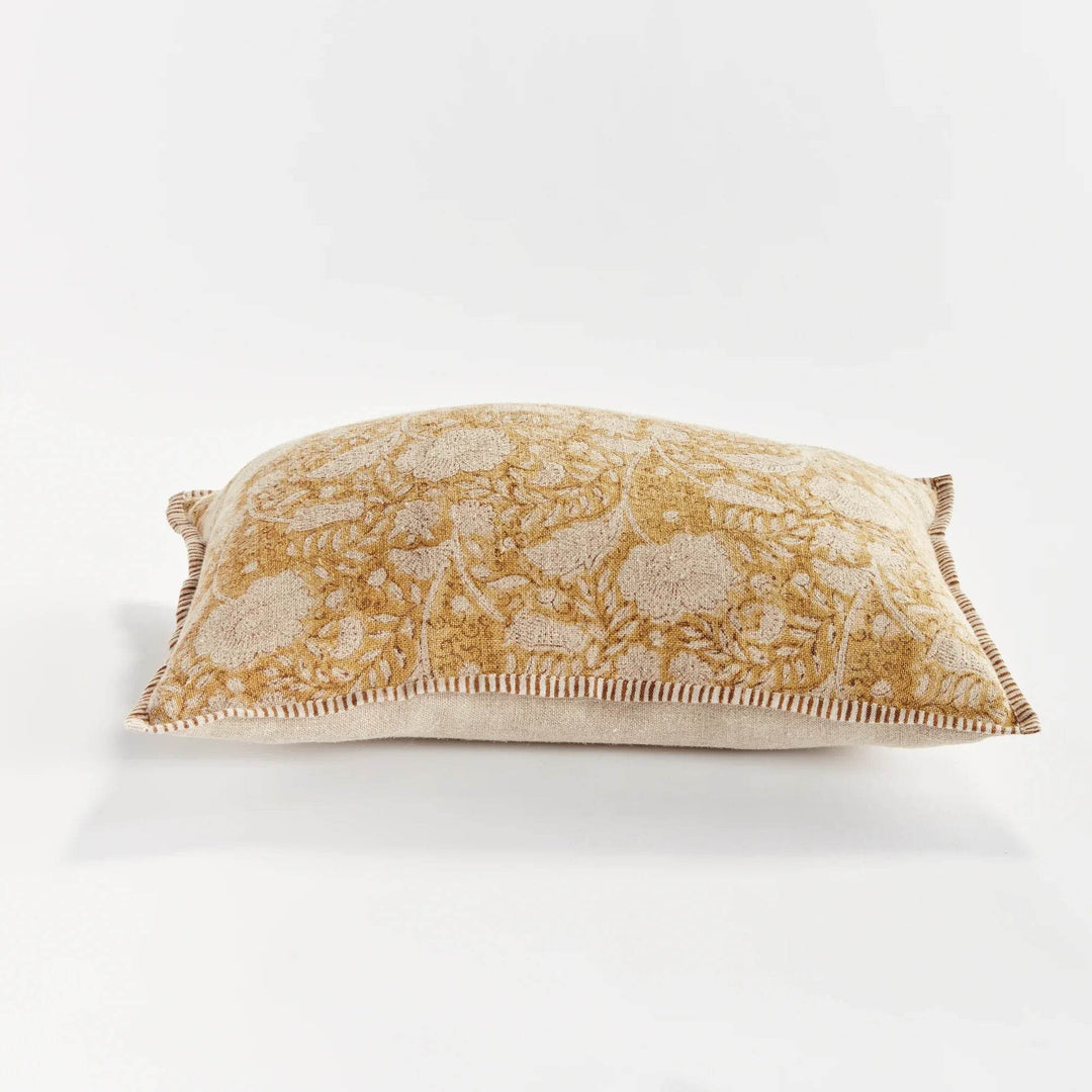 Ochre Floral Block Print Linen Lumbar Pillow - 14x20
