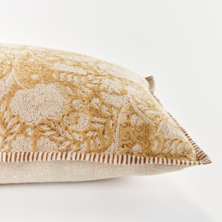 Ochre Floral Block Print Linen Lumbar Pillow – 14x20