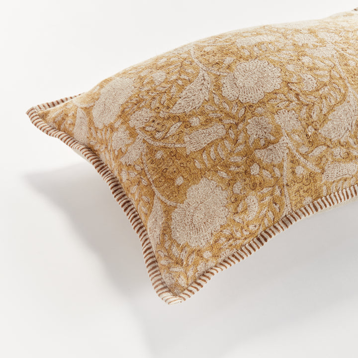 Ochre Floral Block Print Linen Lumbar Pillow – 14x20