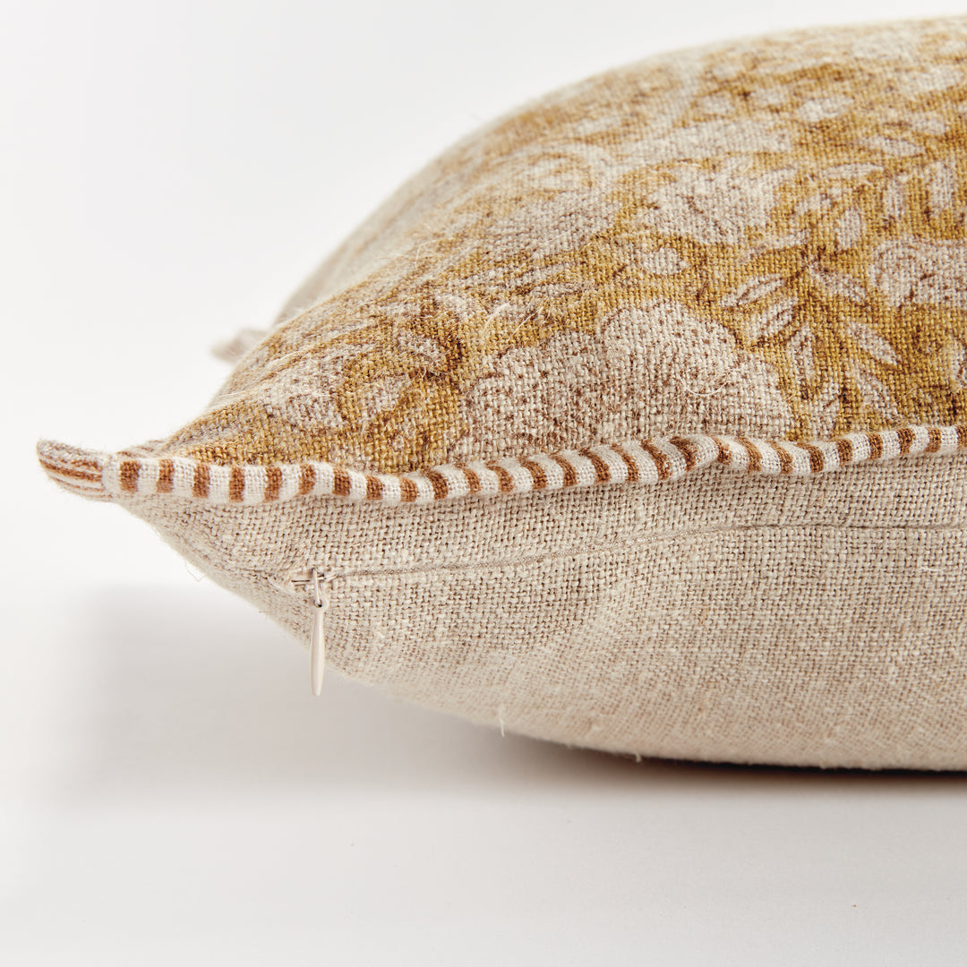 Ochre Floral Block Print Linen Lumbar Pillow – 14x20