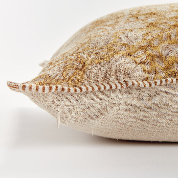 Ochre Floral Block Print Linen Lumbar Pillow – 14x20
