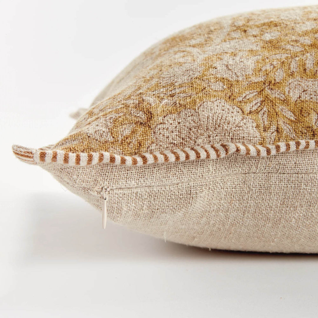 Ochre Floral Block Print Linen Lumbar Pillow - 14x20