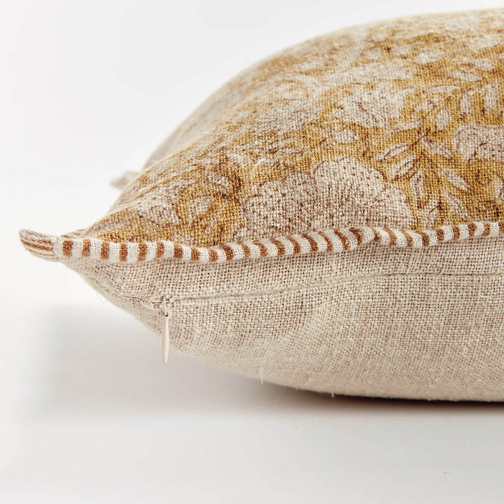 Ochre Floral Block Print Linen Lumbar Pillow - 14x20