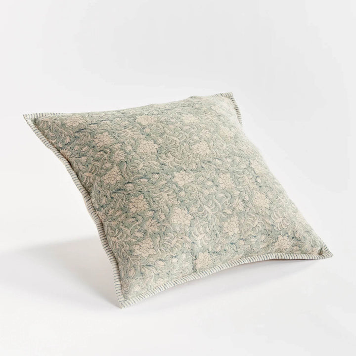 Blue Floral Block Print Linen Pillow with Navy Trim - 20x20