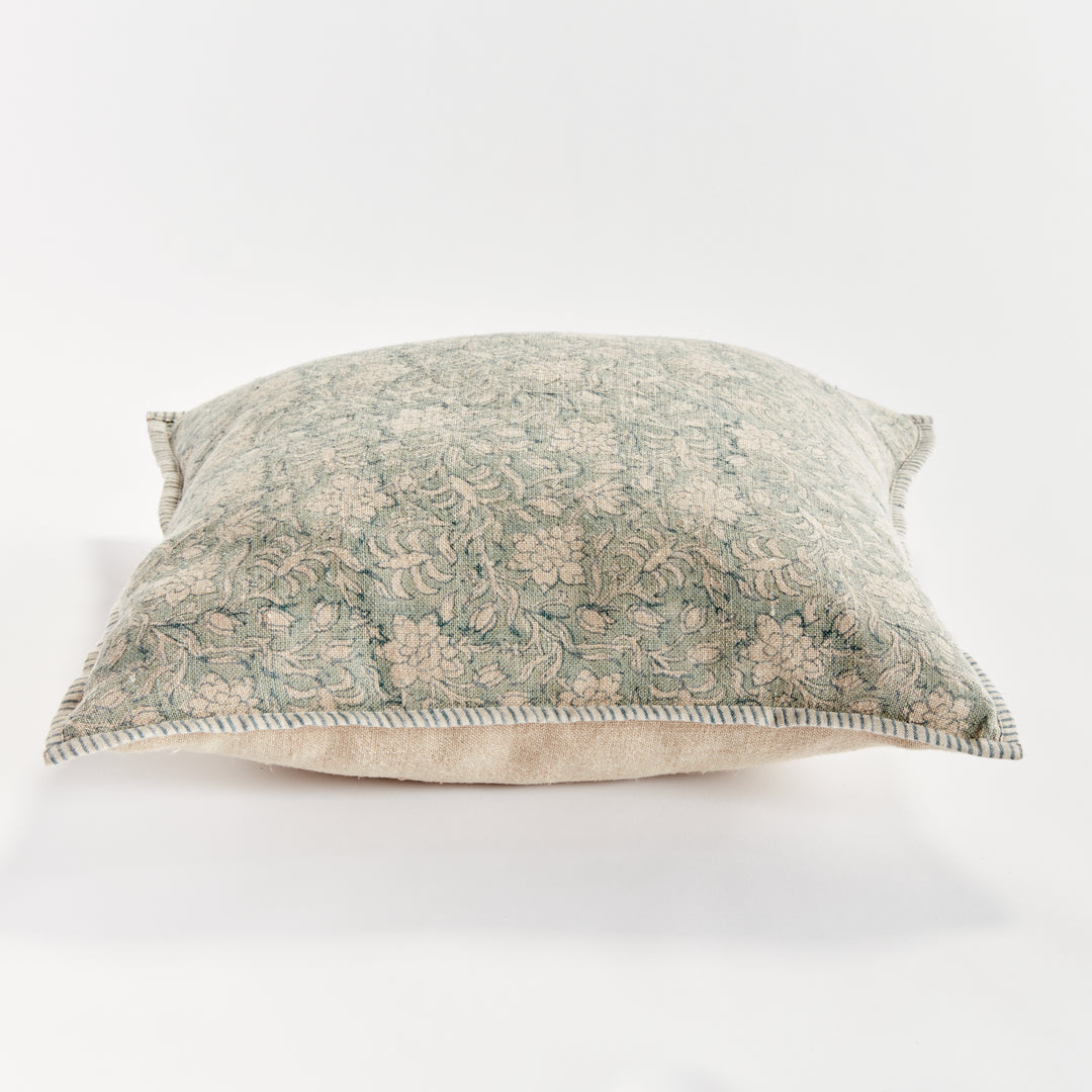 Blue Floral Block Print Linen Pillow with Navy Trim – 20x20