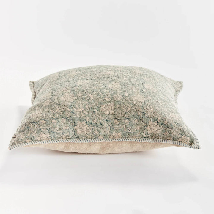 Blue Floral Block Print Linen Pillow with Navy Trim - 20x20