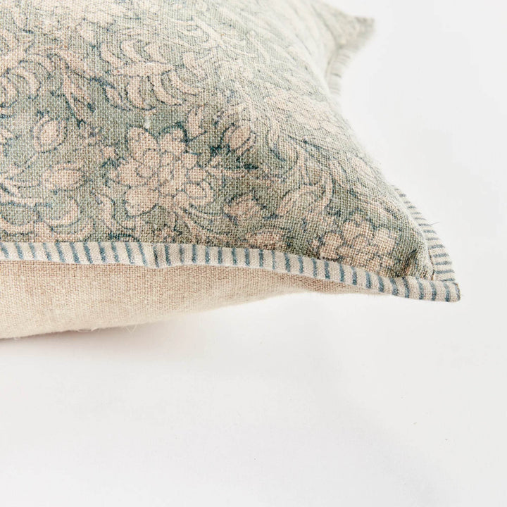 Blue Floral Block Print Linen Pillow with Navy Trim - 20x20