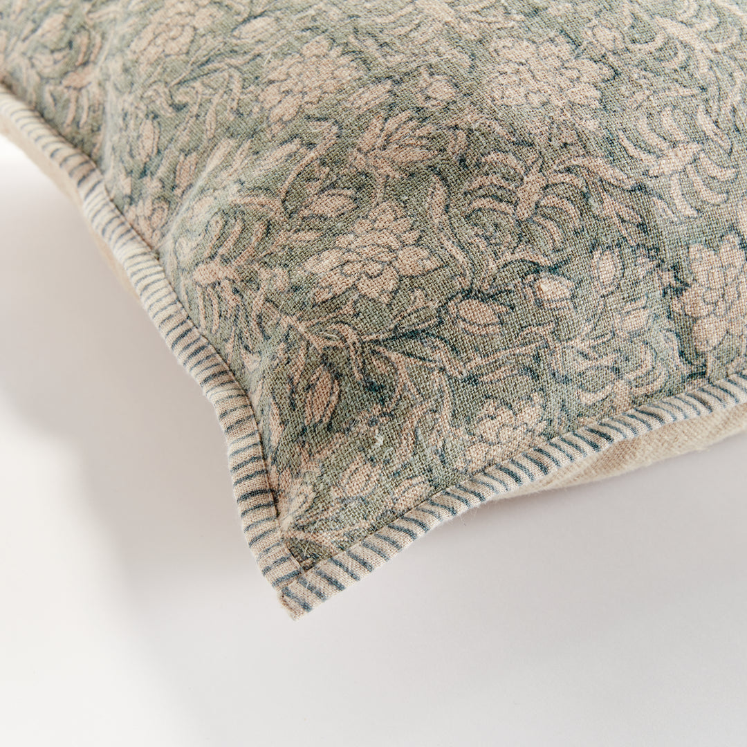 Blue Floral Block Print Linen Pillow with Navy Trim – 20x20