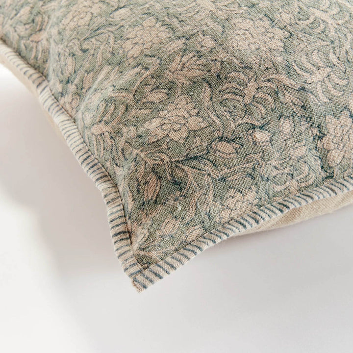 Blue Floral Block Print Linen Pillow with Navy Trim - 20x20
