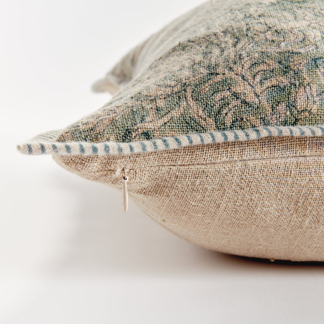 Blue Floral Block Print Linen Pillow with Navy Trim – 20x20