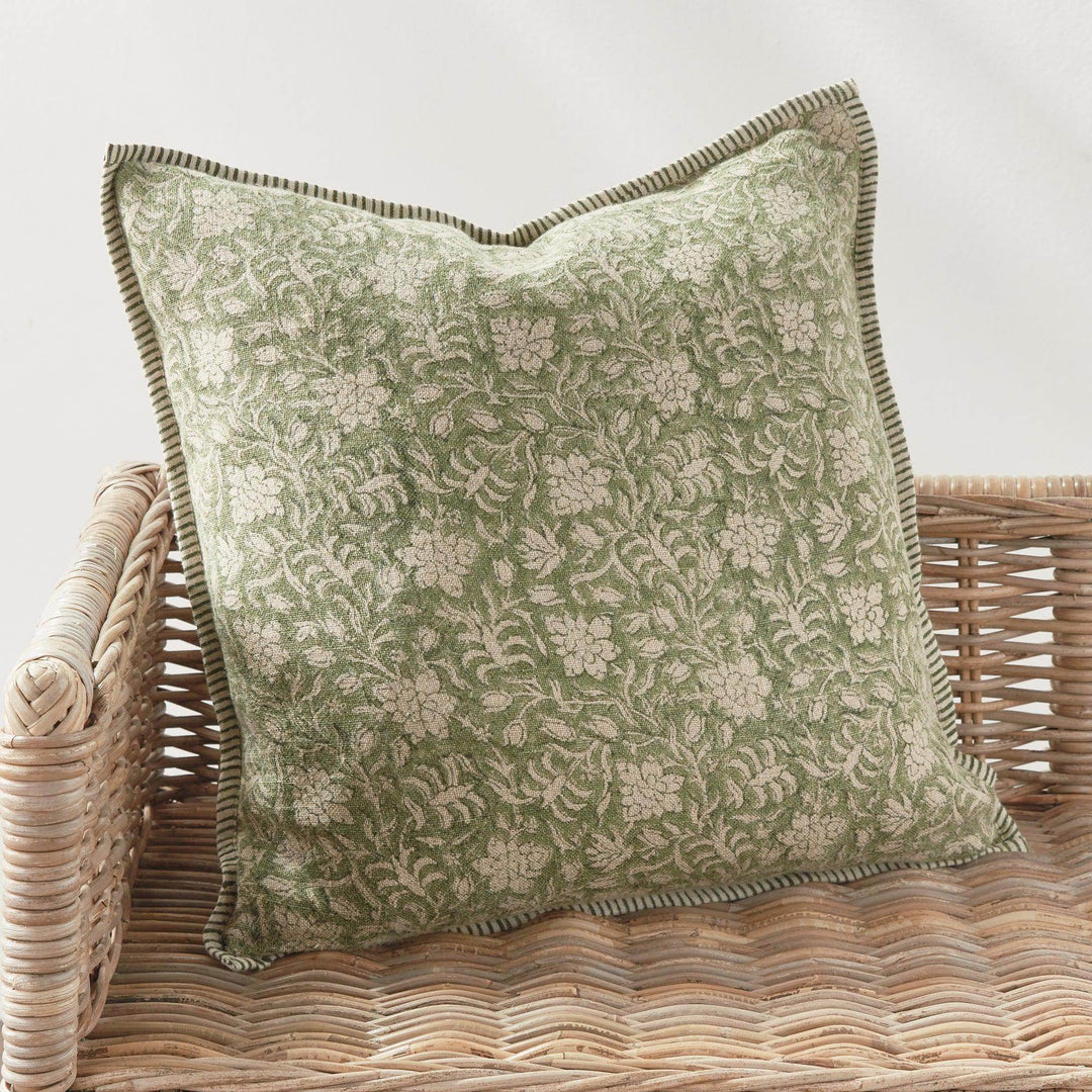 Green Block Print Linen Throw Pillow - 20x20 with Insert