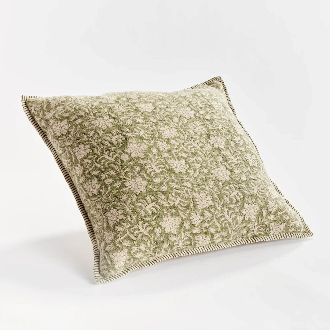 Green Block Print Linen Throw Pillow - 20x20 with Insert