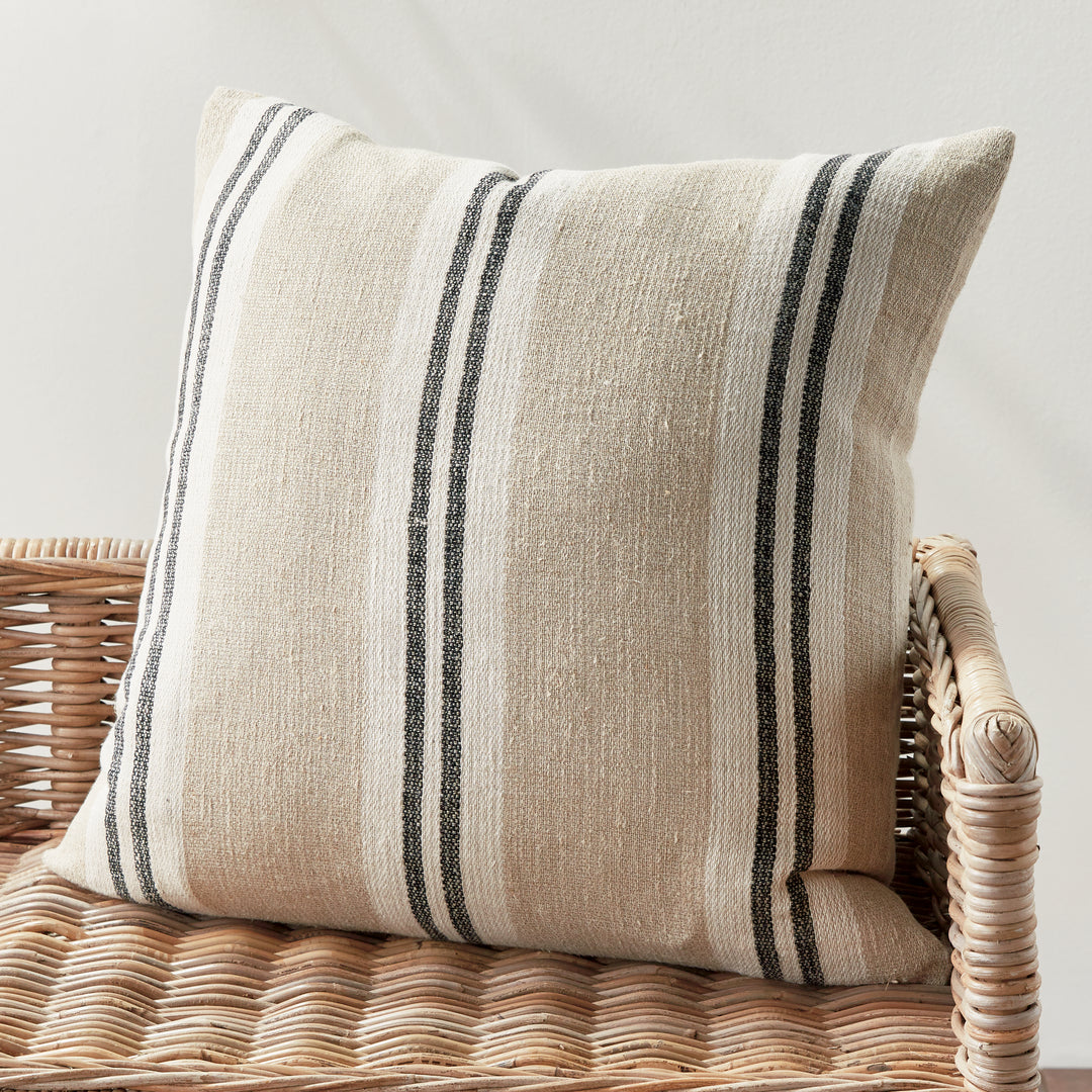 Flax and Charcoal Stripe Linen Pillow – 24" with Insert