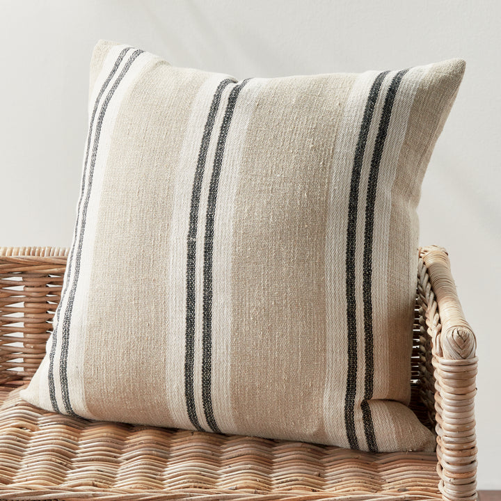 Flax and Charcoal Stripe Linen Pillow – 24" with Insert