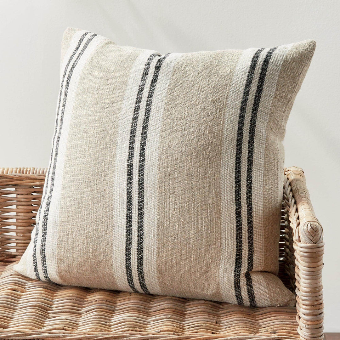 Flax and Charcoal Stripe Linen Pillow - 24" with Insert