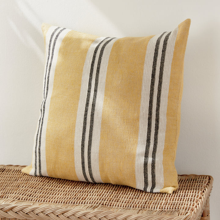 24" Yellow Linen Pillow with Ochre and Charcoal Stripes