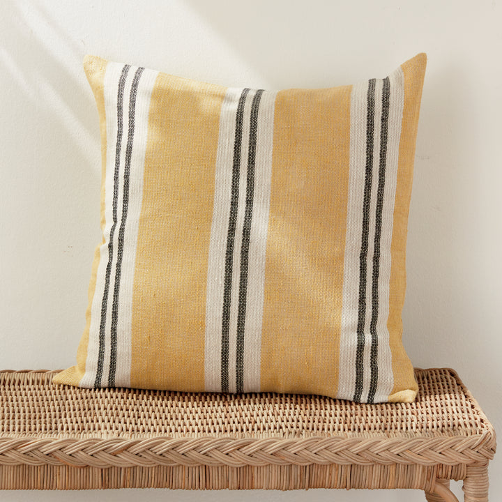 24" Yellow Linen Pillow with Ochre and Charcoal Stripes