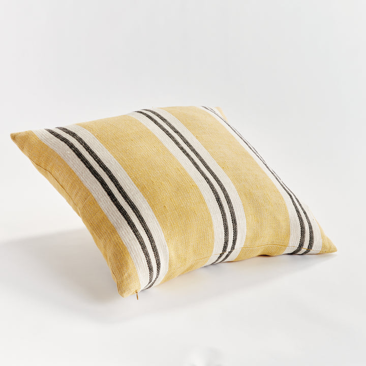 24" Yellow Linen Pillow with Ochre and Charcoal Stripes