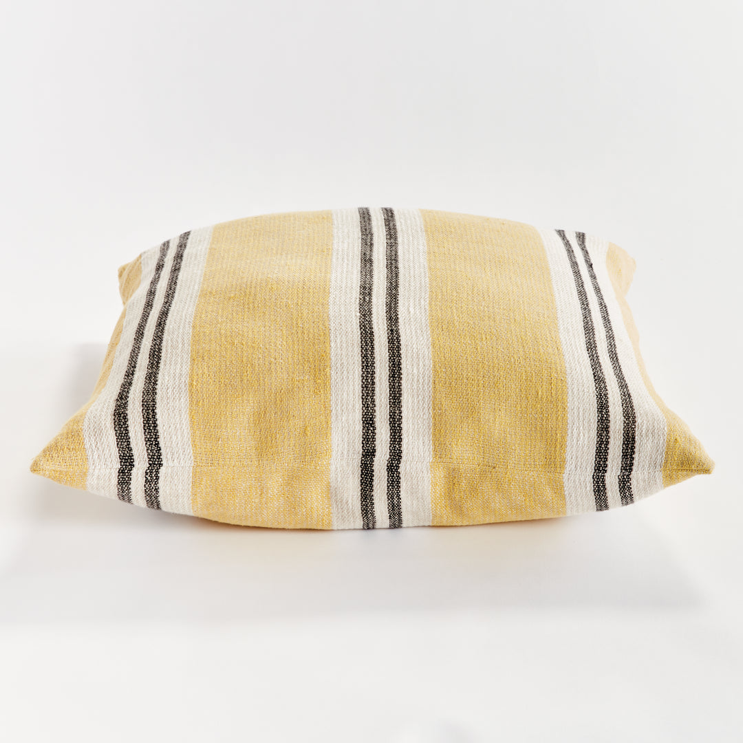24" Yellow Linen Pillow with Ochre and Charcoal Stripes
