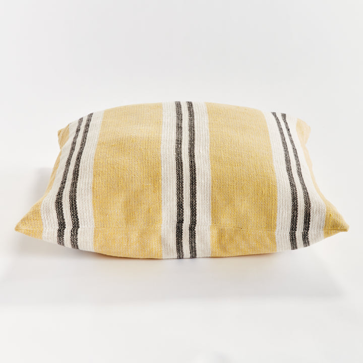 24" Yellow Linen Pillow with Ochre and Charcoal Stripes