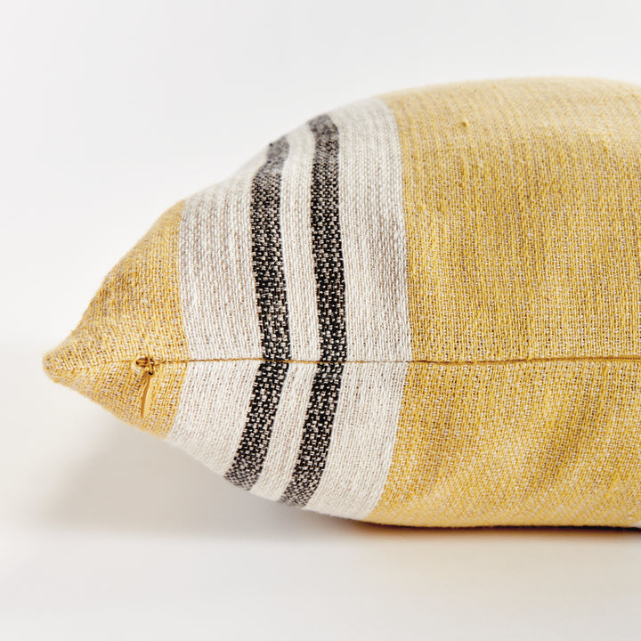 24" Yellow Linen Pillow with Ochre and Charcoal Stripes