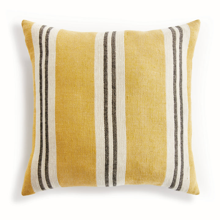 24" Yellow Linen Pillow with Ochre and Charcoal Stripes