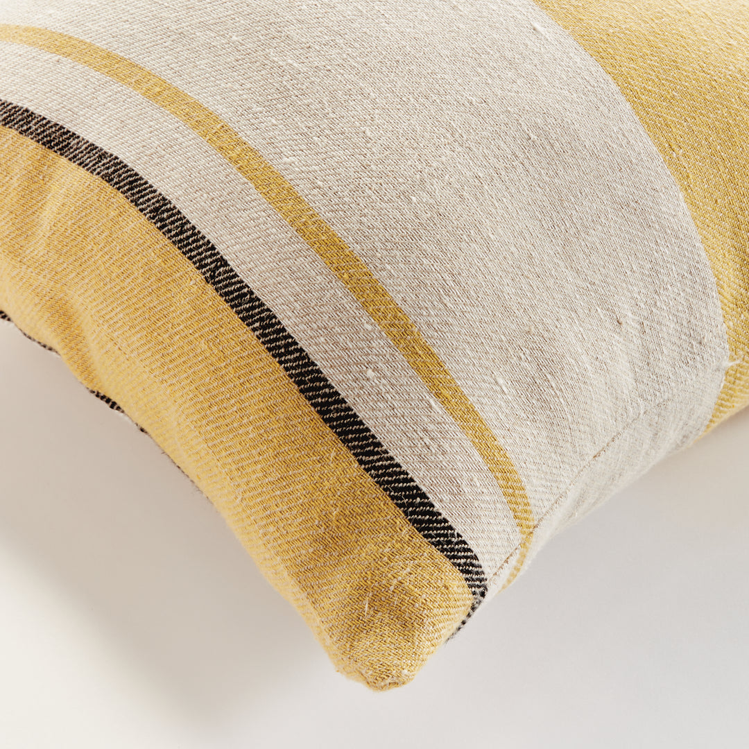 20" Ochre and Charcoal Stripe Yellow Linen Pillow with Down Insert