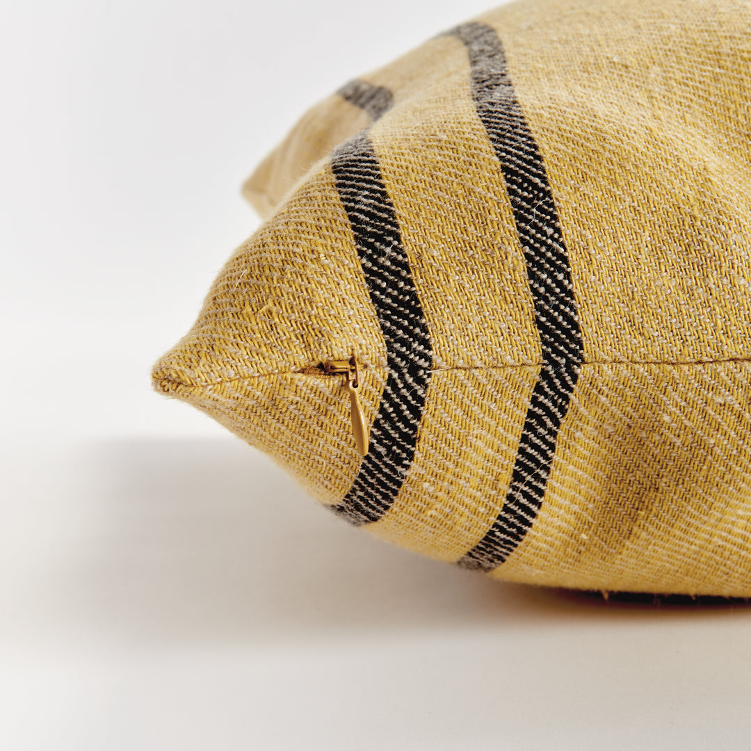 20" Ochre and Charcoal Stripe Yellow Linen Pillow with Down Insert