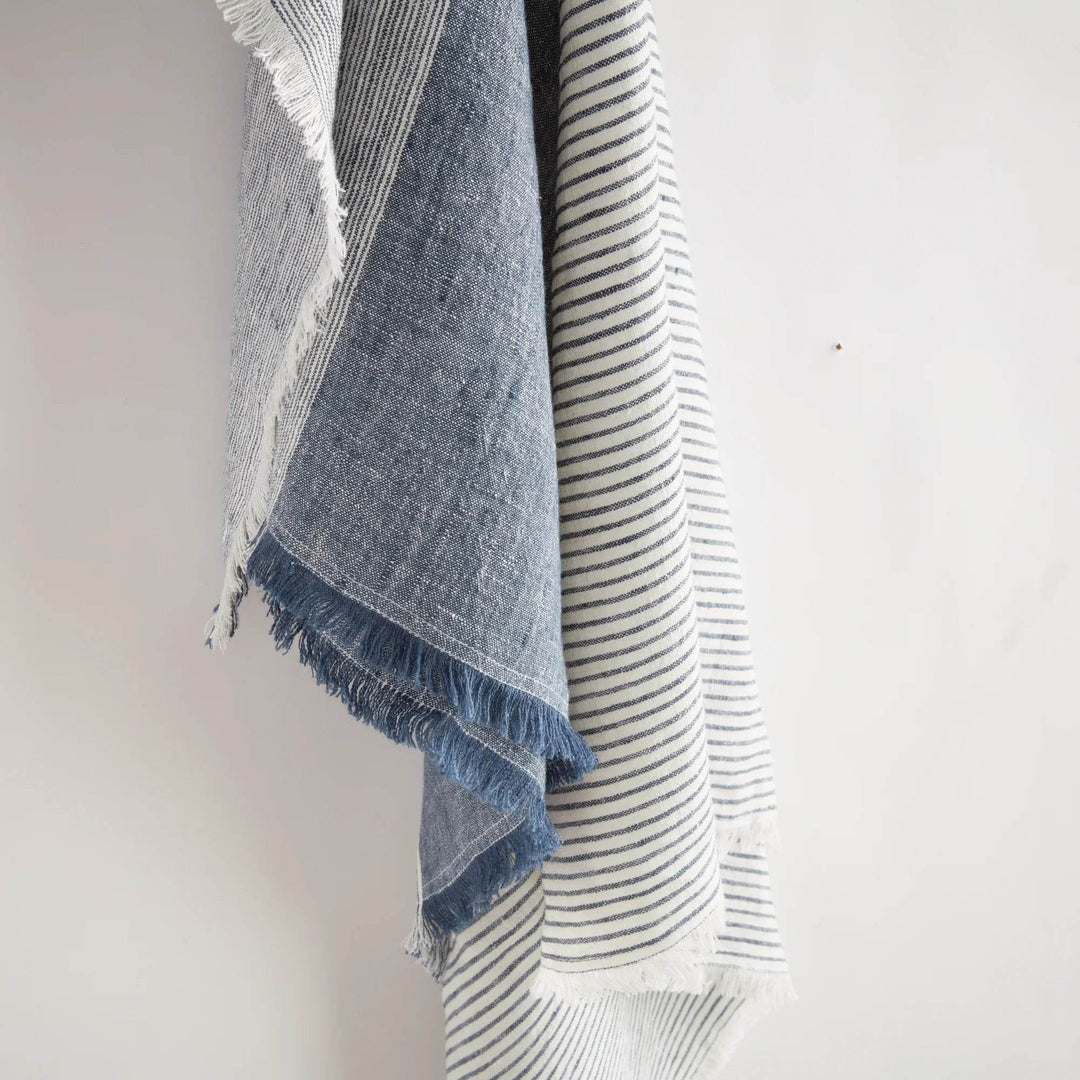 European Linen Throw “ Navy And Ivory Yarn-Dyed Blanket 60X50 - Delamere Design