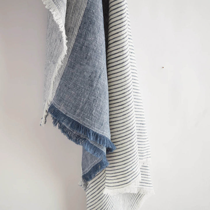 European Linen Throw “ Navy And Ivory Yarn-Dyed Blanket 60X50 - Delamere Design