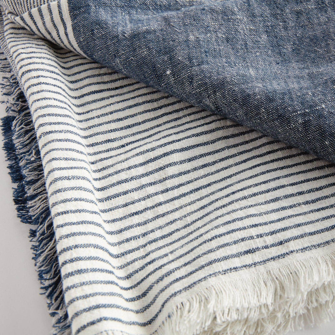 European Linen Throw “ Navy And Ivory Yarn-Dyed Blanket 60X50 - Delamere Design