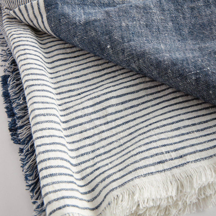 European Linen Throw “ Navy And Ivory Yarn-Dyed Blanket 60X50 - Delamere Design