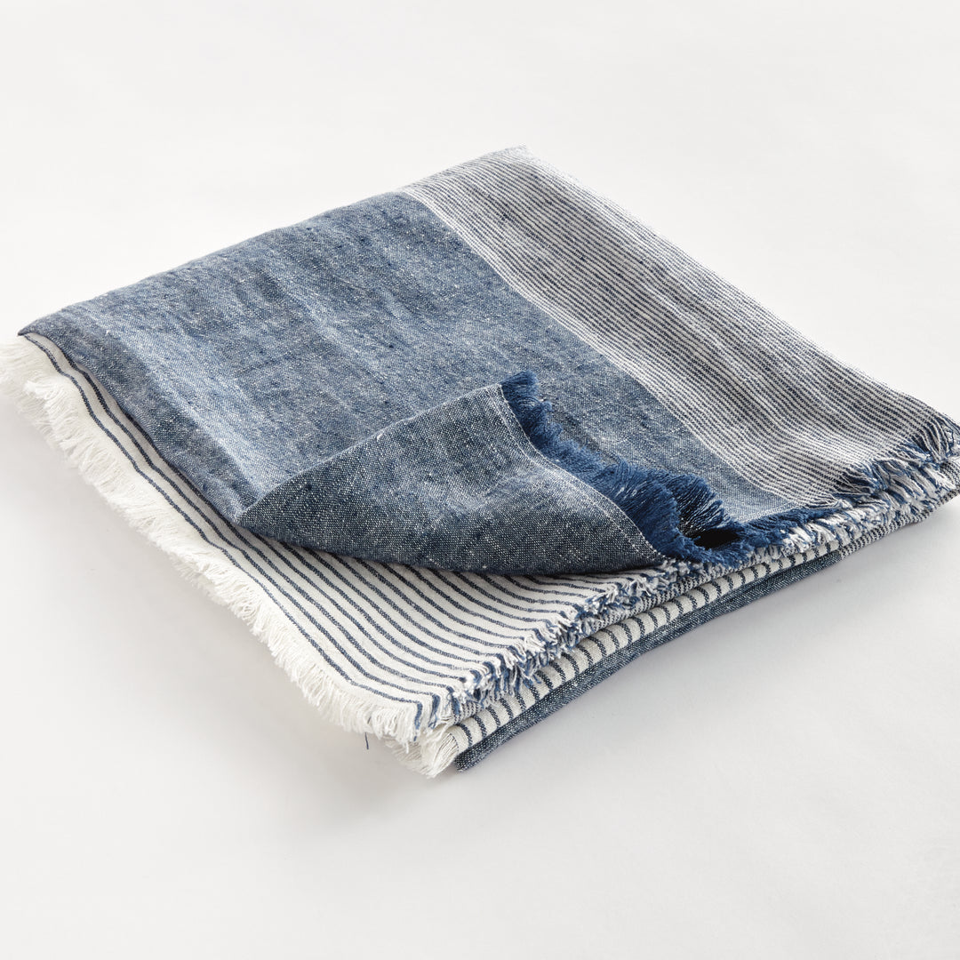 European Linen Throw – Navy and Ivory Yarn-Dyed Blanket 60x50